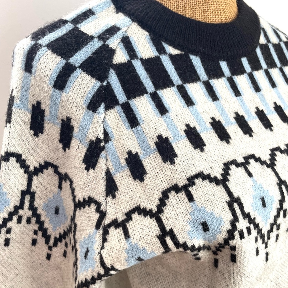 Fair Isle Scandi Pullover Sweater, Pretty Balloon Sleeve, Ivory Blue Black Heart - Picture 4 of 14
